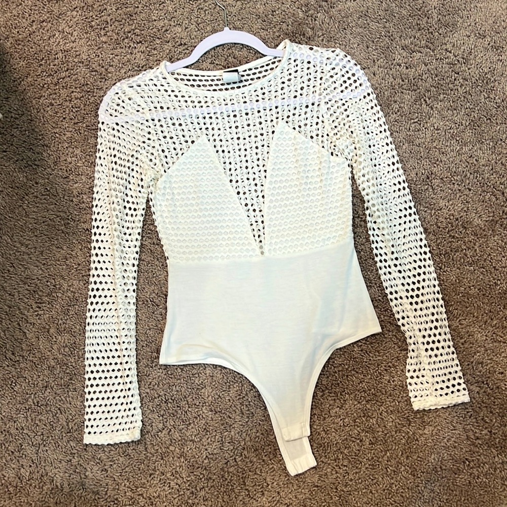 White Fishnet Detail Bodysuit